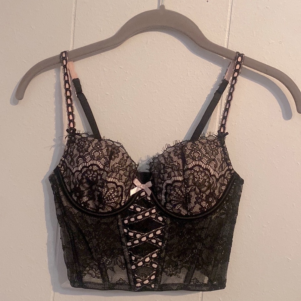 Victorias Secret Corset Top Black Pink Lace Bustier